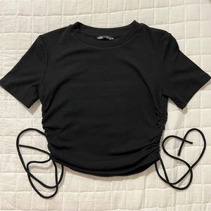 Zara Womens Black Ruched Side Tie Short Sleeve Crop Top Tee Ribbed Sz Medium